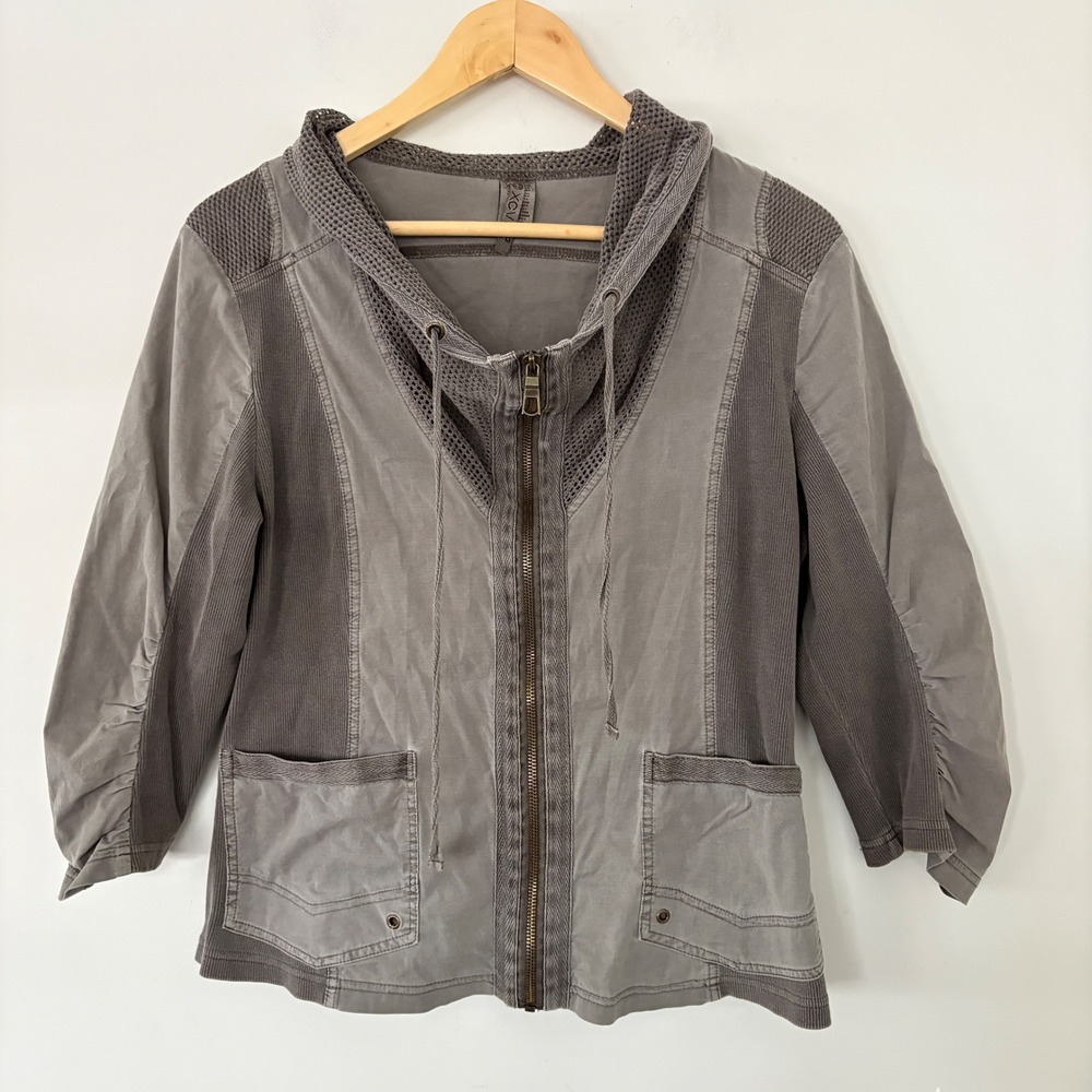 XCVL Gray Mesh Panel Zip Up Jacket Hoodie 3/4 Sleeve Utility Pockets